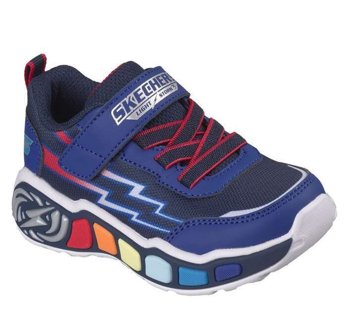 Zapatillas niño Skechers modelo S-lights Lil Storm scene con luces y rayos color azul royal y multicolor con cierre de tira adherente y elasticos muy ligeras y divertidas deportivos Skechers para peques con sistema easy on off Powered by Skechers