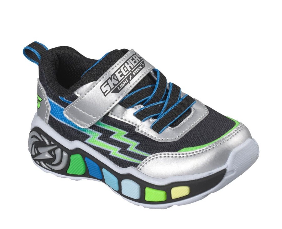 Zapatillas niño Skechers modelo S-lights Lil Storm scene con luces y rayos color silver negro y multicolor con cierre de tira adherente y elasticos muy ligeras y divertidas deportivos Skechers para peques con sistema easy on off Powered by Skechers