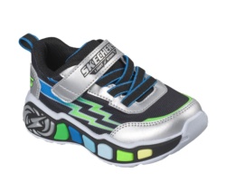 Zapatillas niño Skechers modelo S-lights Lil Storm scene con luces y rayos color silver negro y multicolor con cierre de tira adherente y elasticos muy ligeras y divertidas deportivos Skechers para peques con sistema easy on off Powered by Skechers