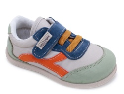 Zapatillas niño Zapy Abeto color piedra azul y verde calzado barefoot con cierre de tira adherente y elasticos naranjas calzado respetuoso Zapyflex con puntera reforzada made in Spain