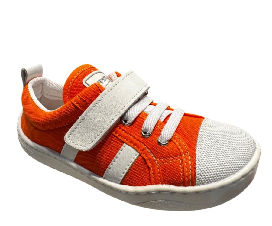 Zapatillas niño Zapy Cerceta color naranja y blanc0 deportivos barefoot de lona gama calzado respetuoso Zapyflex con cierre de tira adherente y elasticos made in Spain