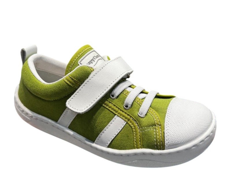 Zapatillas niño Zapy Cerceta color verde y blanc0 deportivos barefoot de lona gama calzado respetuoso Zapyflex con cierre de tira adherente y elasticos made in Spain