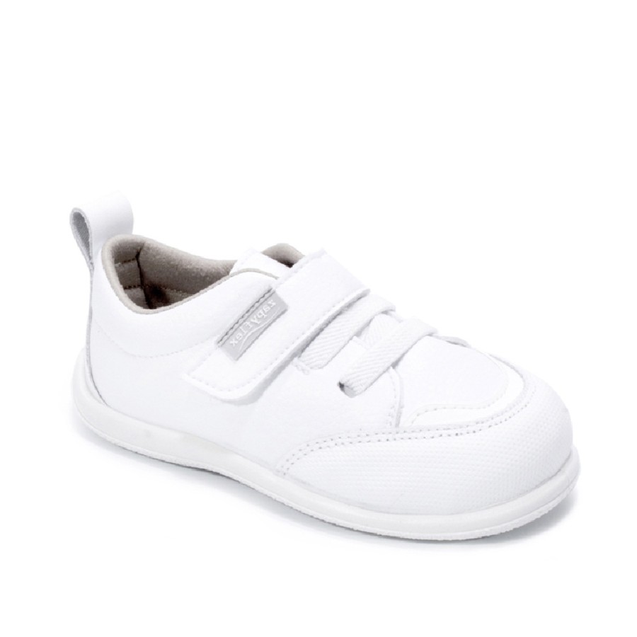 Zapatillas niño Zapy Modelo Lyon escolares color blanc0 calzado barefoot con cierre de tira adherente y elasticos calzado respetuoso Zapyflex natural step deportivos con puntera reforzada made in Spain