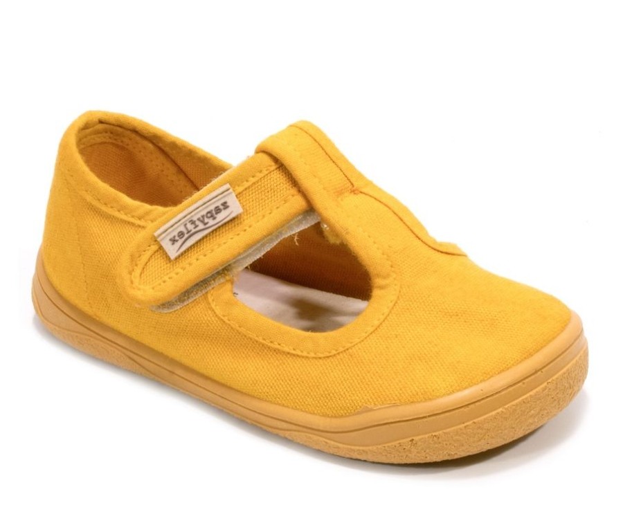 Zapatillas niño Zapy barefoot pepito modelo Gregal color mostaza calzado respetuoso muy comodas y flexibles lonetas pepito Zapyflex unisex con cierre de tira adherente made in Spain