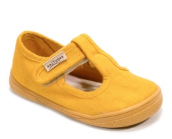 Zapatillas niño Zapy barefoot pepito modelo Gregal color mostaza calzado respetuoso muy comodas y flexibles lonetas pepito Zapyflex unisex con cierre de tira adherente made in Spain