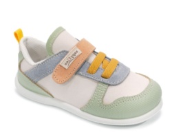 Zapatillas niño Zapy modelo Ciruela color piedra savia y naranja calzado barefoot con cierre de tira adherente y elasticos calzado respetuoso Zapyflex natural steps made in Spain muy comodas y flexibles by Zapy