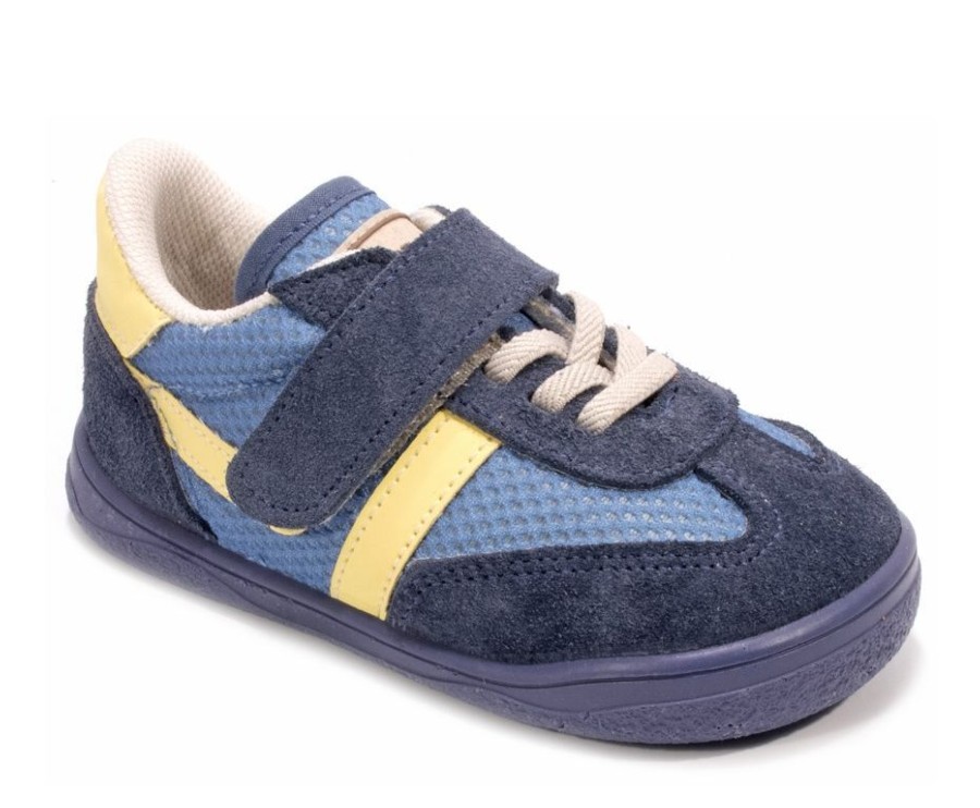 Zapatillas niño Zapy modelo Dali color azul jeans y amarillo calzado barefoot con cierre de tira adherente y elasticos calzado respetuoso Zapyflex natural steps made in Spain muy comodas y flexibles sneakers barefoot con la calidad Zapy