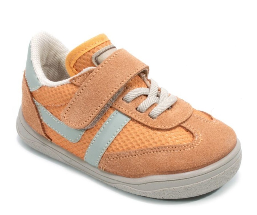 Zapatillas niño Zapy modelo Dali color naranja y aguamarina calzado barefoot con cierre de tira adherente y elasticos calzado respetuoso Zapyflex natural steps made in Spain muy comodas y flexibles sneakers barefoot designed by Zapy