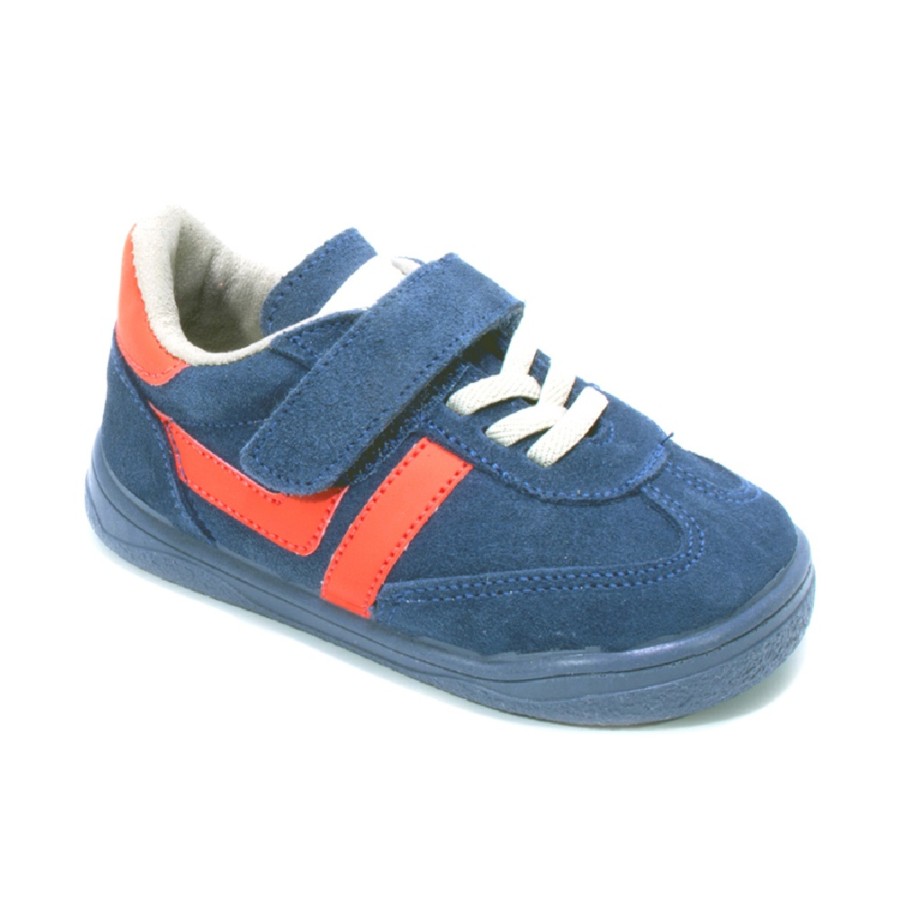 Zapatillas niño Zapy modelo Milan color azul jeans y naranja calzado barefoot con cierre de tira adherente y elasticos calzado respetuoso Zapyflex natural steps made in Spain muy comodas y flexibles sneakers barefoot con la calidad de Zapy