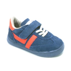 Zapatillas niño Zapy modelo Milan color azul jeans y naranja calzado barefoot con cierre de tira adherente y elasticos calzado respetuoso Zapyflex natural steps made in Spain muy comodas y flexibles sneakers barefoot con la calidad de Zapy