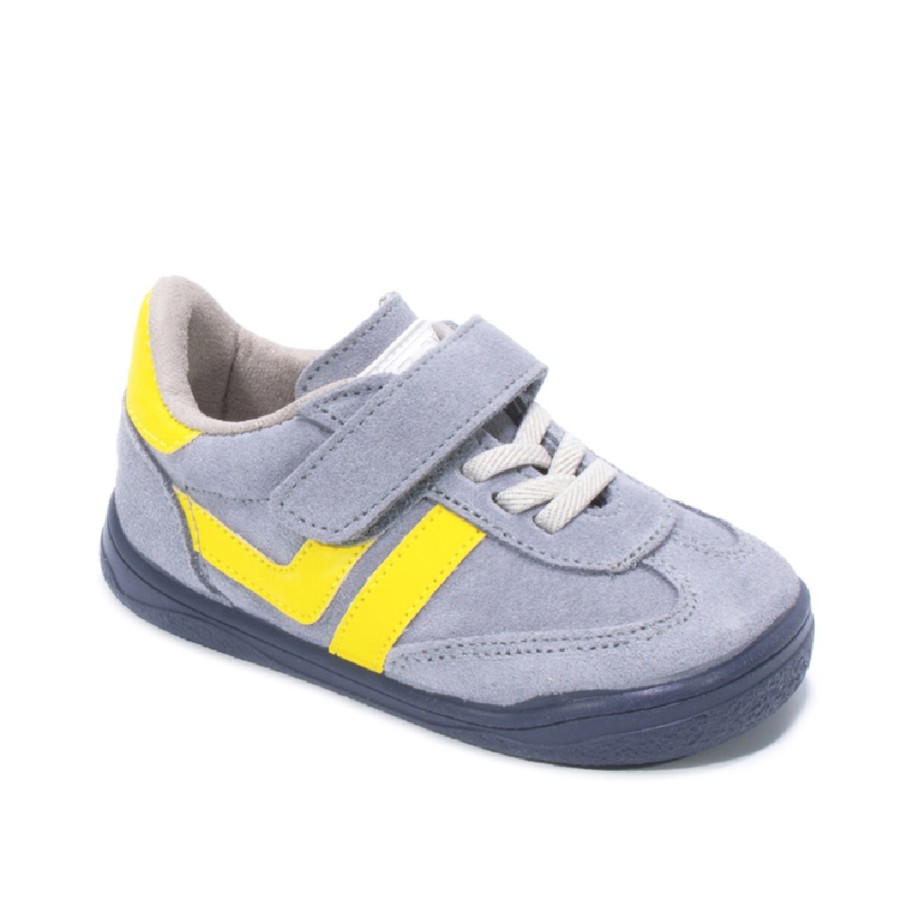 Zapatillas niño Zapy modelo Milan color niquel y amarillo calzado barefoot de piel con cierre de tira adherente y elasticos calzado respetuoso Zapyflex natural steps made in Spain muy comodas y flexibles