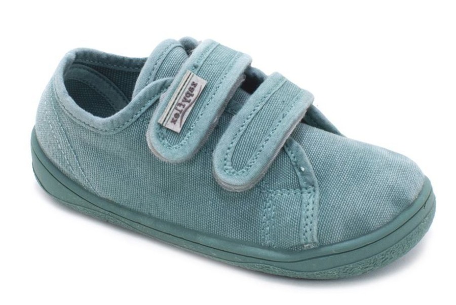 Zapatillas niño Zapy modelo Poniente color verde savia calzado respetuoso barefoot muy comodas y super flexibles lonetas Zapyflex unisex con cierre de doble tira adherente made in Spain