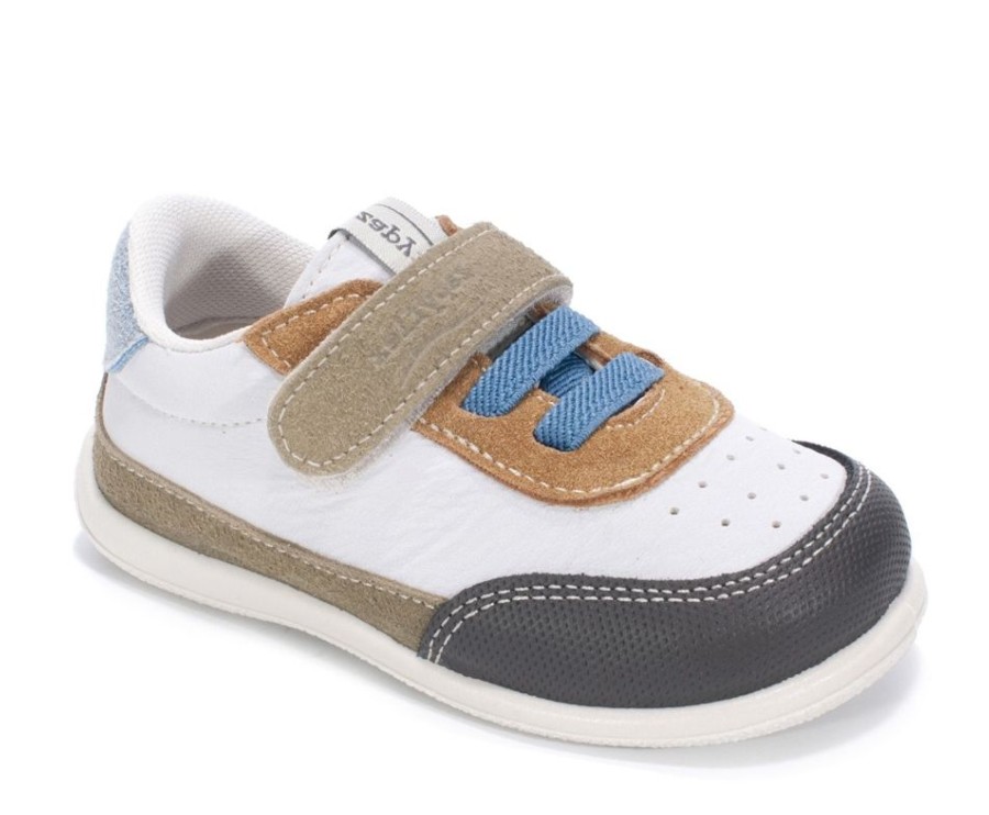 Zapatillas niño Zapy modelo Reims color blanc0 gris grafito y azul calzado barefoot con cierre de tira adherente y elasticos calzado respetuoso Zapyflex natural steps made in Spain deportivos muy comodas y flexibles sneakers barefoot con calidad Zapy