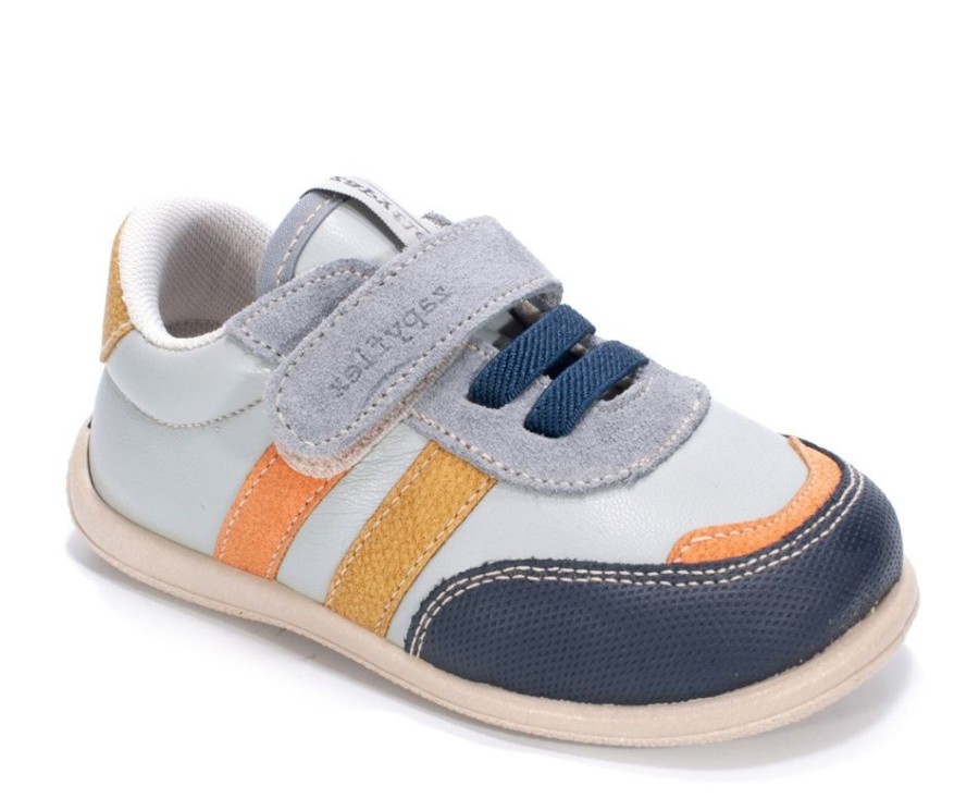 Zapatillas niño barefoot de la marca Zapy gama zapyflex modelo Metz color azul navy celeste naranja y mostaza sneakers Zapy calzado respetuoso muy comodo con cierre de tira adherente y elasticos made in Spain by Zapy natural steps
