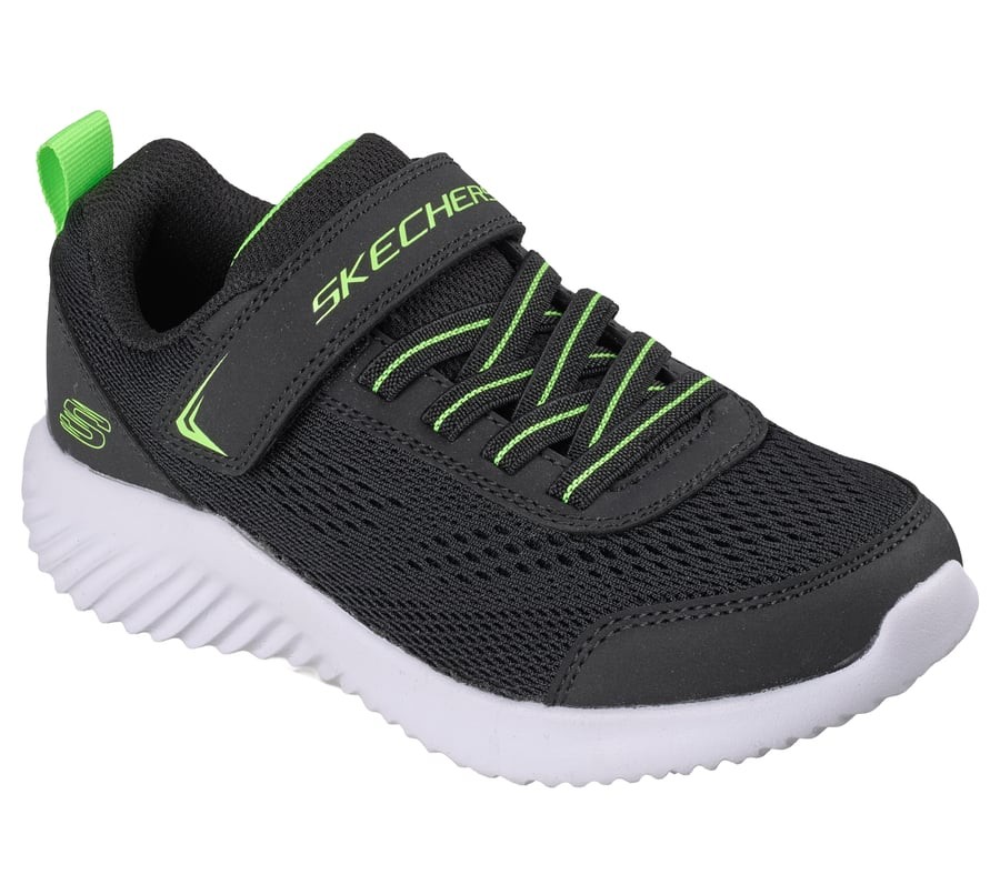 Zapatillas niño de la marca Skechers modelo Bounder Quantarun color negro y lima muy ligeras deportivas Skechers para niños con cierre de tira adherente y elasticos con sistema easy on off lavables en lavadora Designed in Los Angeles by Skechers