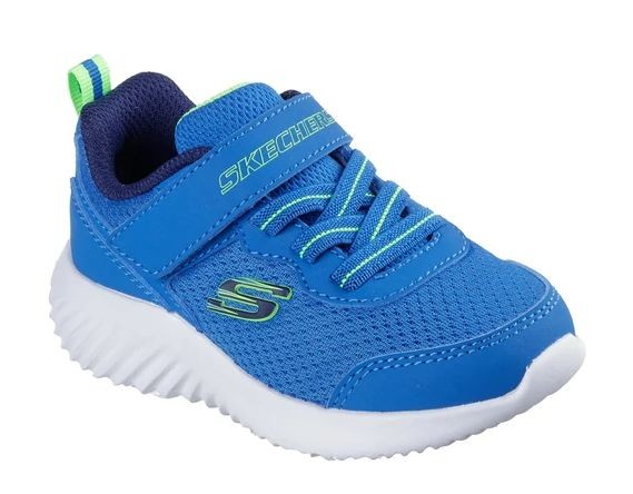 Zapatillas niño de la marca Skechers modelo Bounder Techrox color azul y lima y suela blanca muy ligeras deportivas Skechers para niños con cierre de tira adherente y elasticos con sistema easy on off lavables en lavadora Designed in Los Angeles