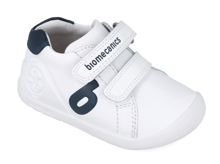 Zapatillas niño escolares Biomecanics barefoot blanc0 y azul calzado respetuoso con el desarrollo natural del pie para gateo y primeros pasos colegiales con exterior de piel y cierre de tira adherente con plantilla antibacteriana