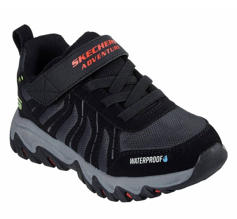 Zapatillas niño outdoor de la marca Skechers Hydro Explorer color negro y rojo zapatillas trekking Skechers adventure waterproof skech-tex para niños con cierre de tira adherente y elasticos con sistema easy on off