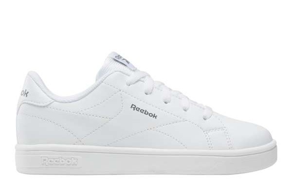 Zapatillas niño y niña Reebok modelo Court clean color blanc0 con logo gris sneakers tennis colegiales unisex Reebok muy trending con cierre de cordones deportivos escolares de Reebok muy comodos y trending
