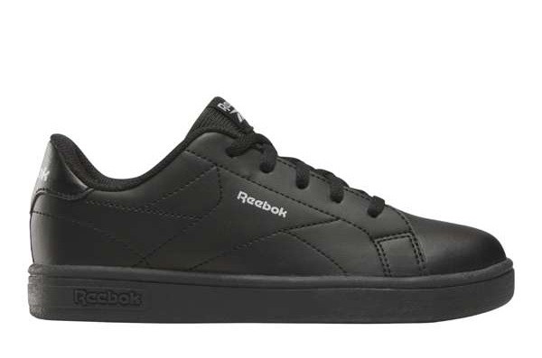Zapatillas niño y niña Reebok modelo Court clean color negro con logo gris sneakers tennis colegiales unisex Reebok muy trending con cierre de cordones deportivos escolares de Reebok muy comodos y trending