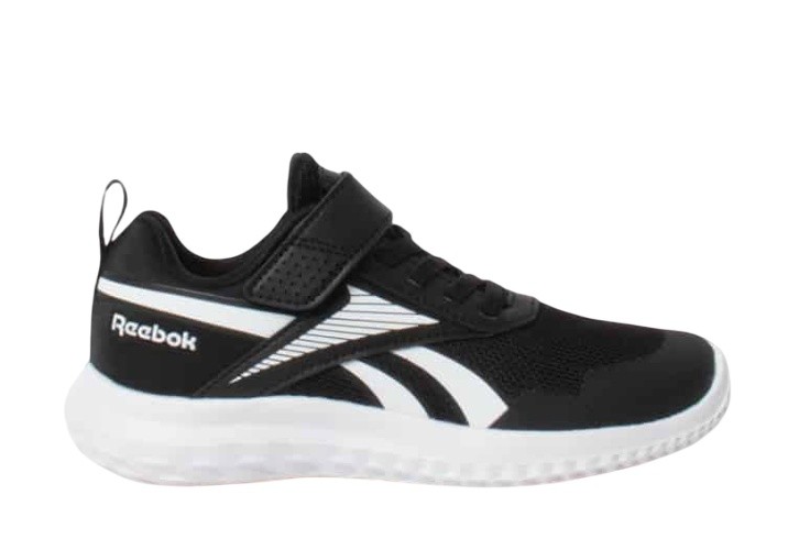 Zapatillas niño y niña Reebok modelo Runner 5 Eleastic lace and top strap color negro con el logo blanc0 y suela blanca deportivos de running muy ligeras de Reebok con cierre de tira adherente y elasticos deportivas Reebok para runners muy comodas