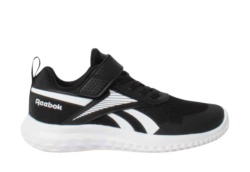 Zapatillas niño y niña Reebok modelo Runner 5 Eleastic lace and top strap color negro con el logo blanc0 y suela blanca deportivos de running muy ligeras de Reebok con cierre de tira adherente y elasticos deportivas Reebok para runners muy comodas