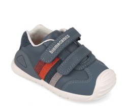 Zapatillas urban casual niño Biomecanics color azul petrol con tiras en rojo azul y gris de piel sauvage calzado respetuoso con el desarrollo natural del pie para gateo y primeros pasos cierre de doble tira adherente y tecnologia always dry