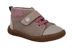 Zapatos niña Andanines barefoot calzado respetuoso en piel bourne dijon color taupe con rosa vino y malva con cierre de tira adherente y elasticos puntera reforzada botita barefoot de Anadanines muy comodas y flexibles Made in Spain