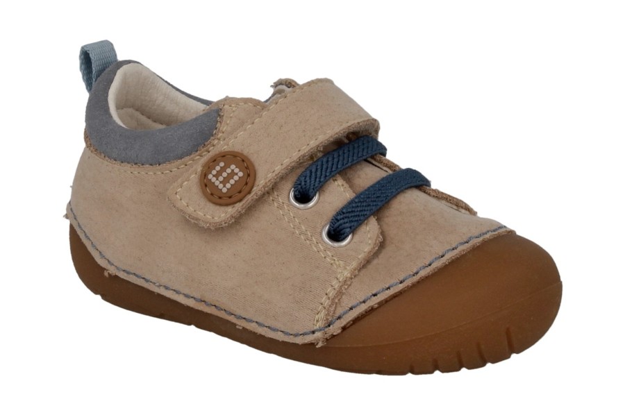 Zapatos niña Andanines barefoot color beig y azul niquel gama gateaflex calzado respetuoso en piel bourne con cierre de tira adherente y elasticos ideales para gateo y primeros pasos made in Spain muy comodos y flexibles