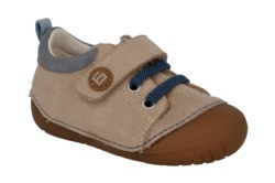 Zapatos niña Andanines barefoot color beig y azul niquel gama gateaflex calzado respetuoso en piel bourne con cierre de tira adherente y elasticos ideales para gateo y primeros pasos made in Spain muy comodos y flexibles