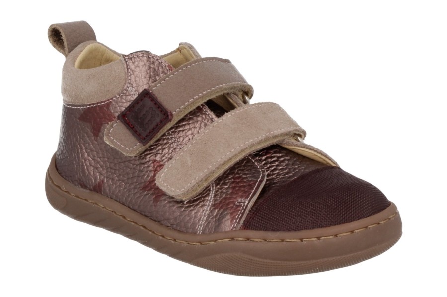 Zapatos niña Andanines barefoot color metalizado con estrellas y puntera burdeos calzado respetuoso de Andanines de piel dijon con cierre de doble tira adherente botines muy comodos y flexibles made in Spain