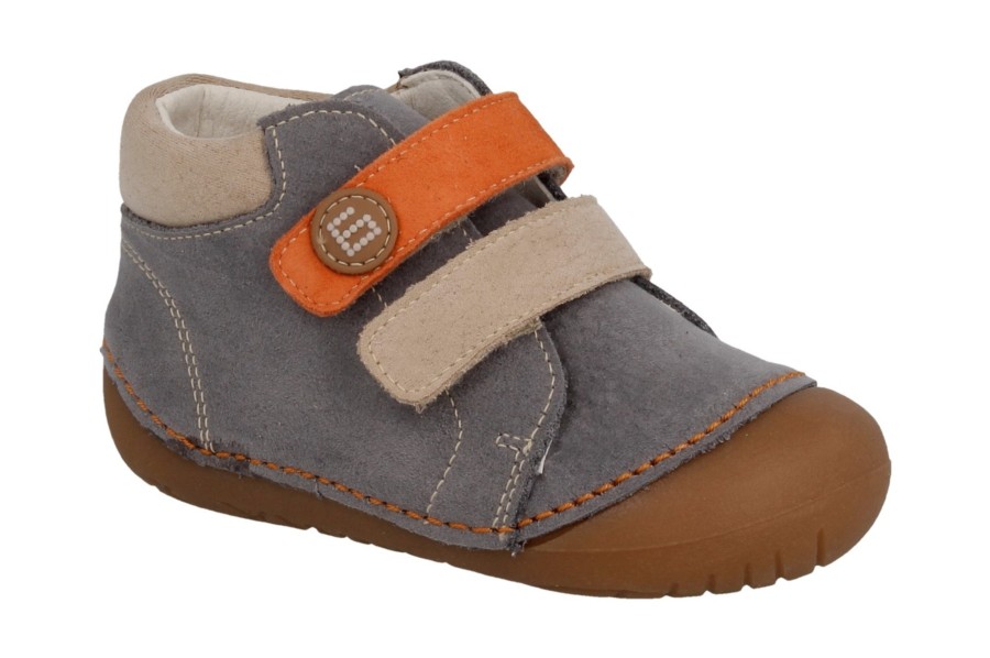 Zapatos niño Andanines barefoot color gris azulado gama gateaflex calzado respetuoso en piel bourne dijon con cierre de doble tira adherente en naranja y arena para gateo y primeros pasos made in Spain muy comodos y flexibles