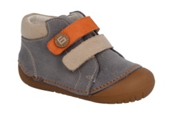 Zapatos niño Andanines barefoot color gris azulado gama gateaflex calzado respetuoso en piel bourne dijon con cierre de doble tira adherente en naranja y arena para gateo y primeros pasos made in Spain muy comodos y flexibles