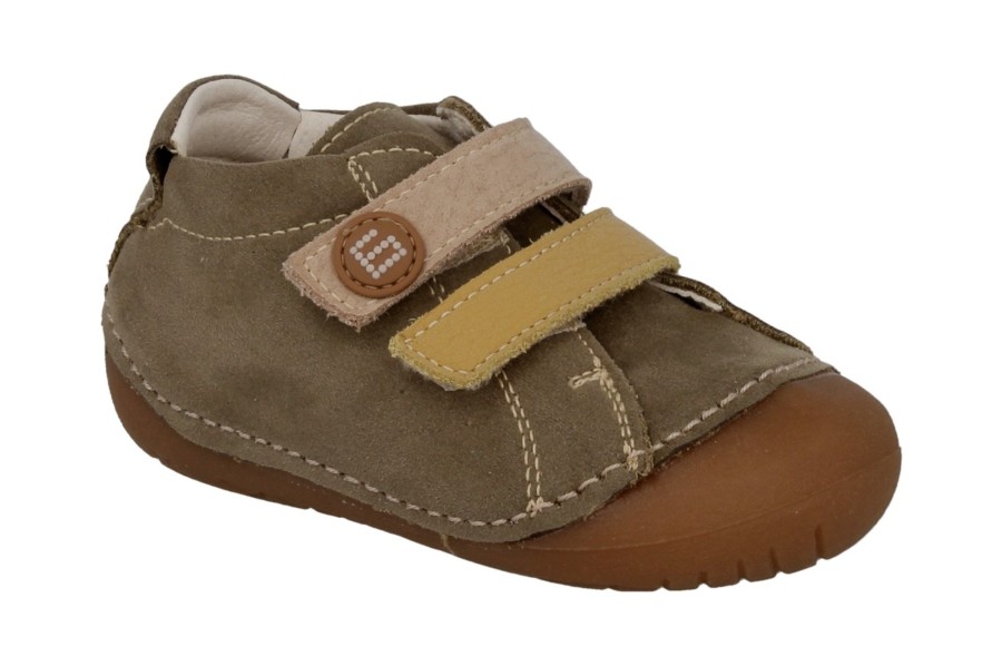 Zapatos niños Andanines barefoot Gama gatea flex calzado respetuoso en piel nobuk lavado color verde con cierre de doble tira adherente tierra y mostaza con elasticos en el talon para un mejor ajuste zapatos barefoot de Anadanines made in Spain