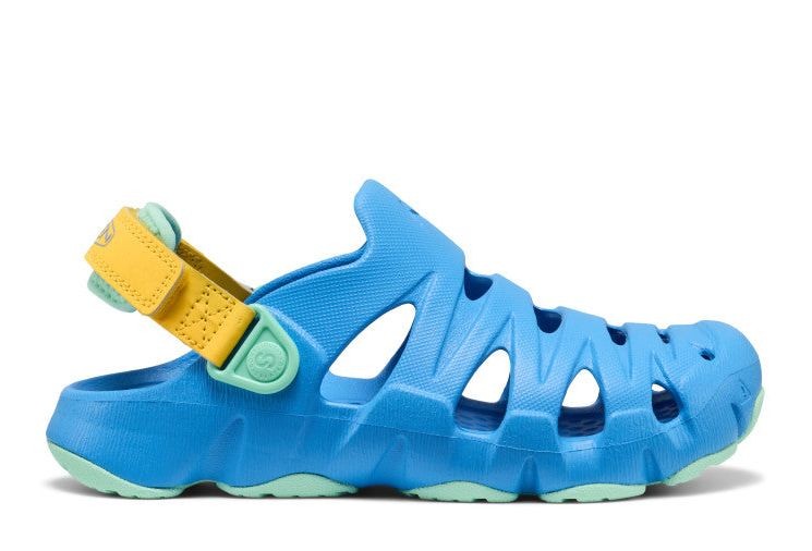 Zuecos niño de la marca Keen modelo Hyperflt color azul amarillo y aqua sandalias cangrejeras de Keen muy comodas y muy ligeras para playa piscina y cualquier uso con la calidad de Keen ideales para lucir este verano