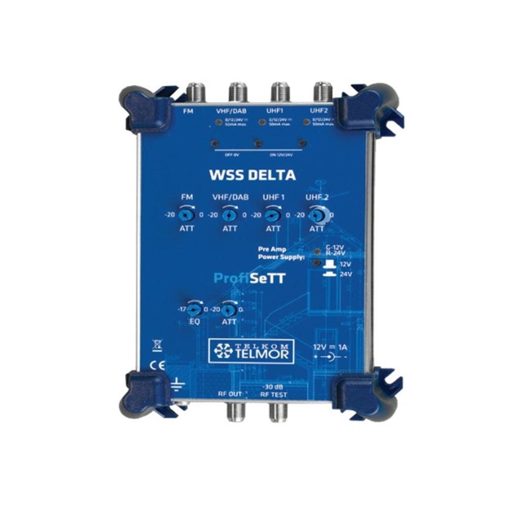 
AMPLIFICATEUR MULTIBANDE 5G WSS DELTA+. 4 ENTRÉES (FM, DAB et 2 x UHF). G = 45 dB (UHF).