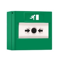 Pulsador de alarma rearmable verde para emergencias/evacuación.