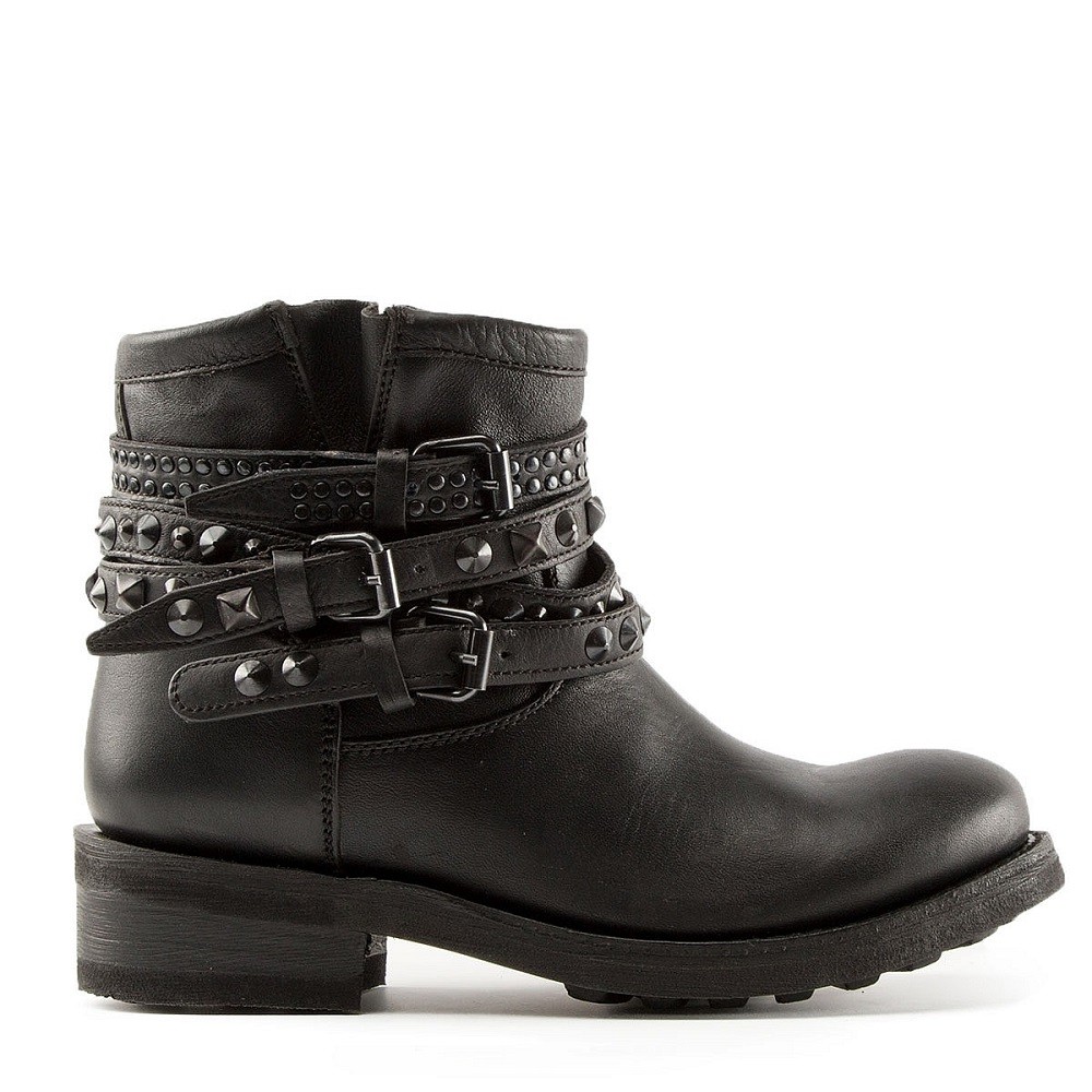 Studs Ankle Biker Boots Black Leather