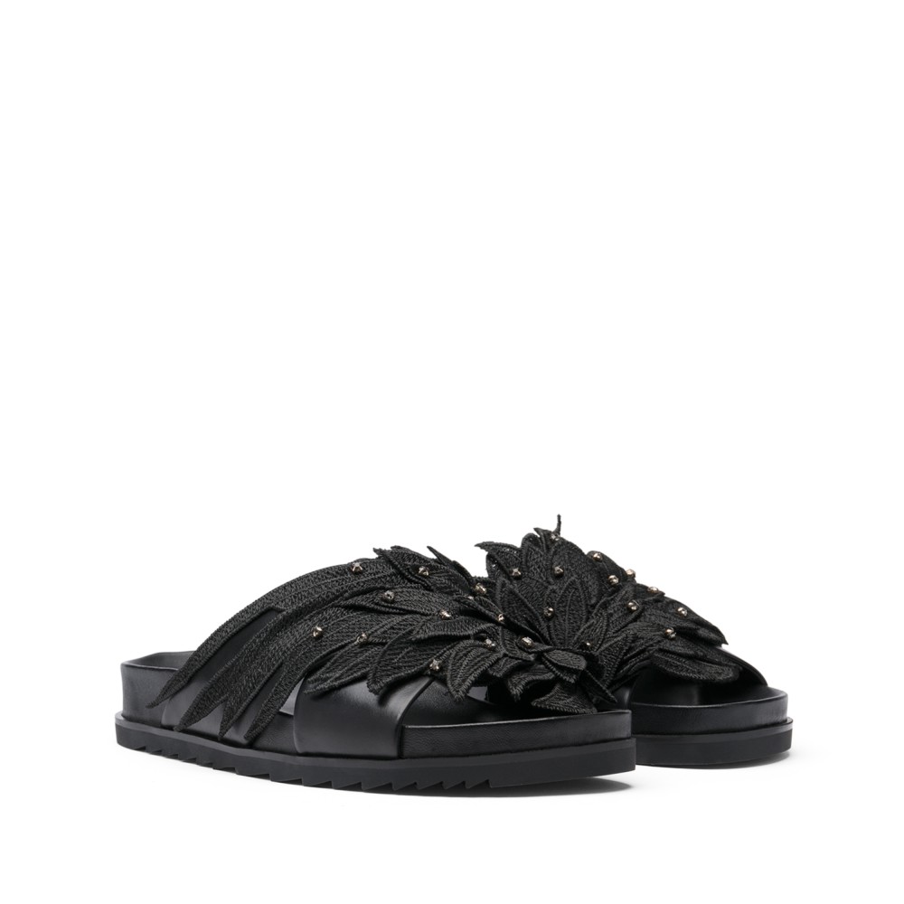 URIEL Embellished Flatt Sandlas Black Leather - Item1