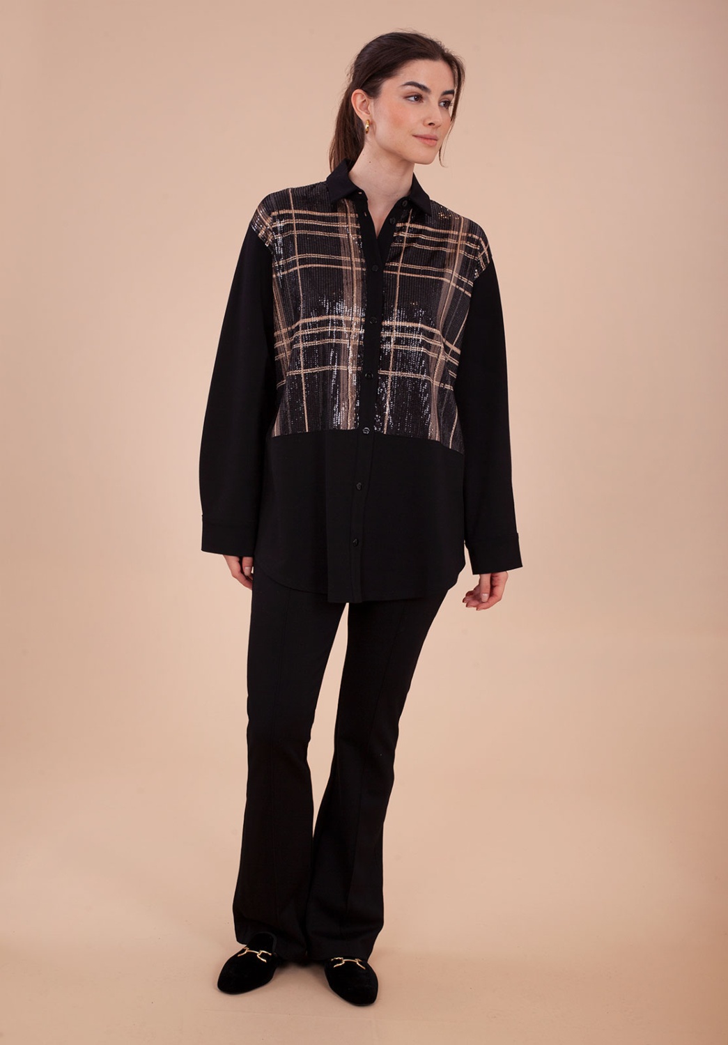 Camisa negra estampada de cuadros de lentejuelas 3