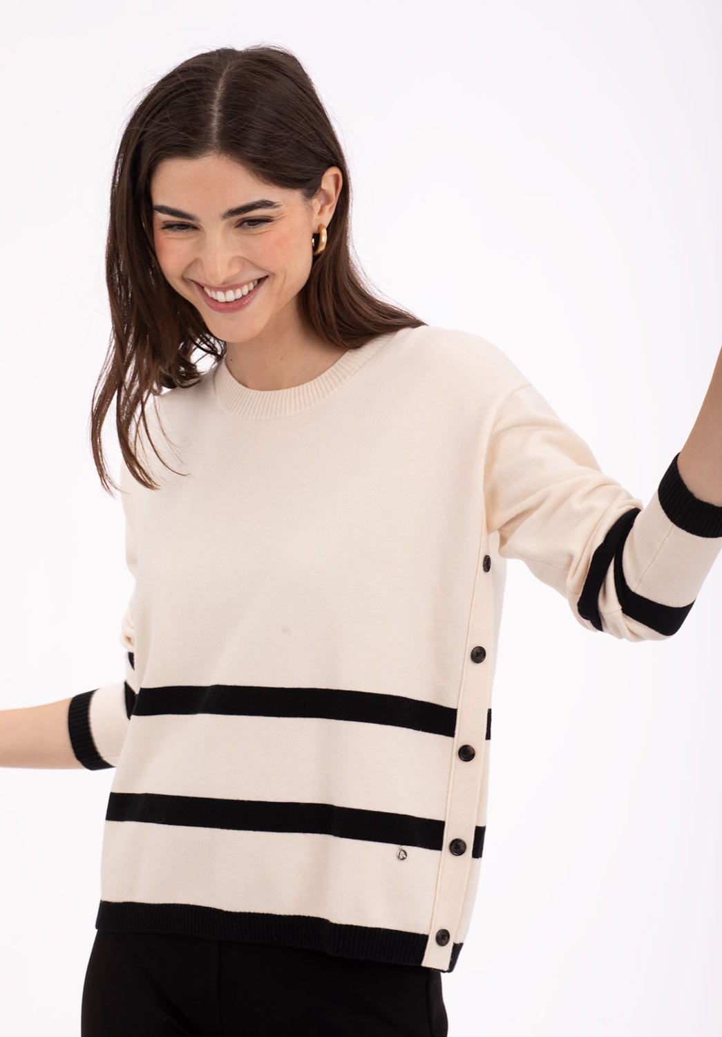 Ecru knit sweater with black stripes