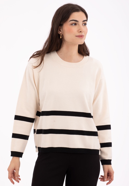Ecru knit sweater with black stripes