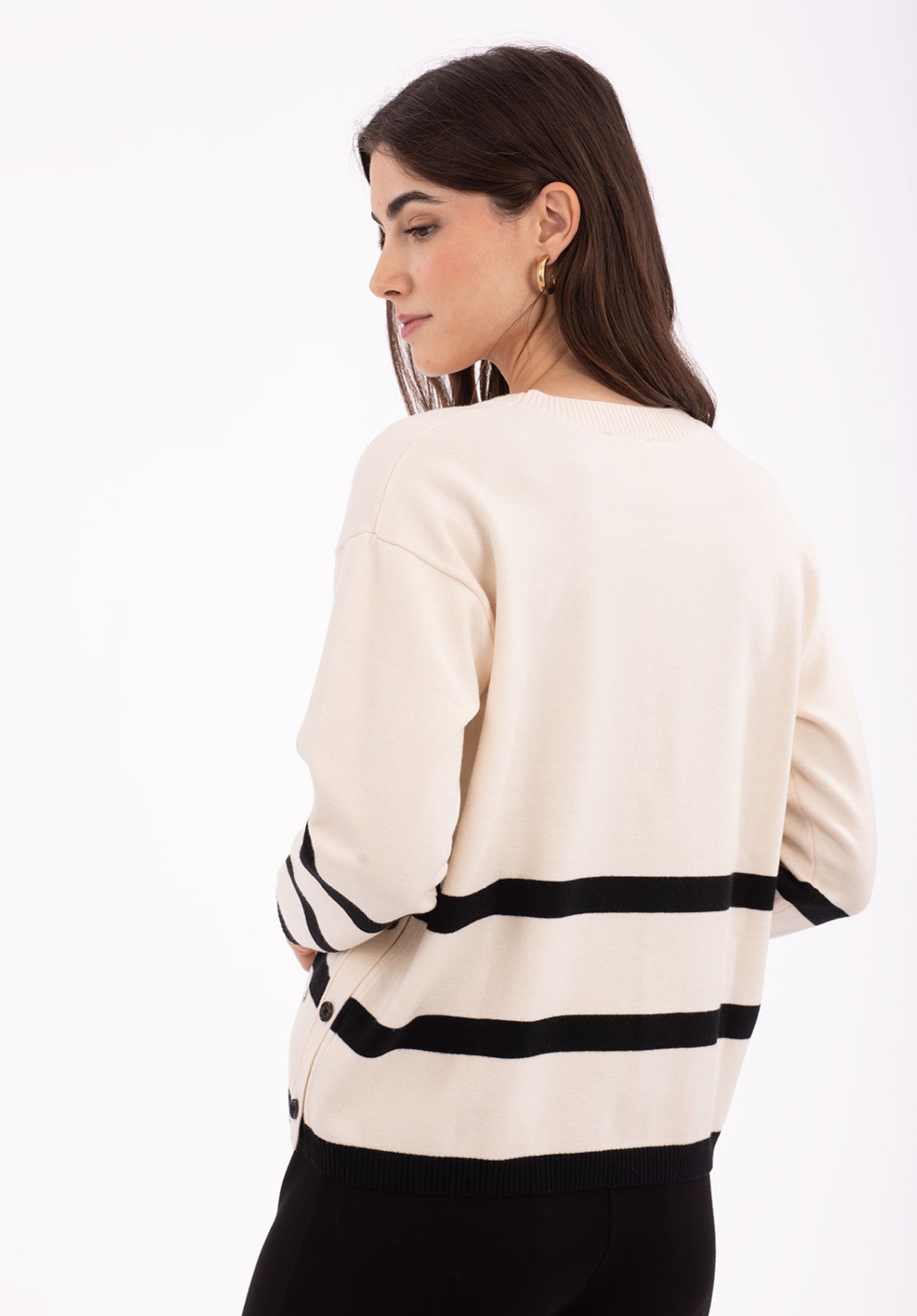 Ecru knit sweater with black stripes