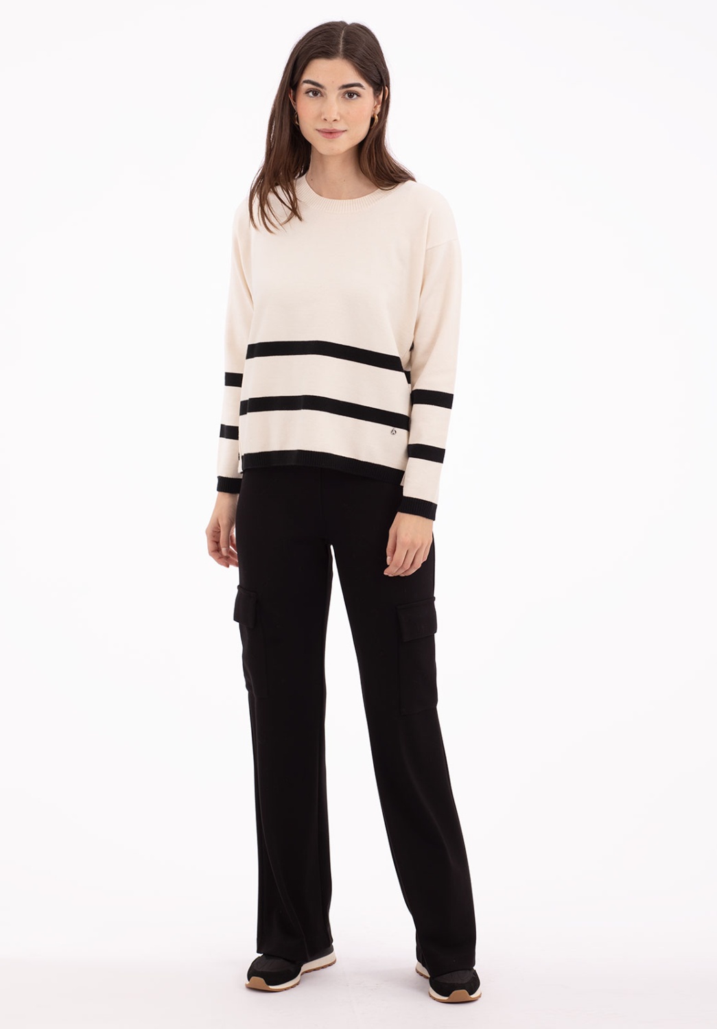 Ecru knit sweater with black stripes