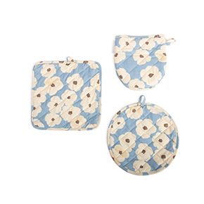 BLUE FLORAL OVEN MITT AND CLOTH SET HF