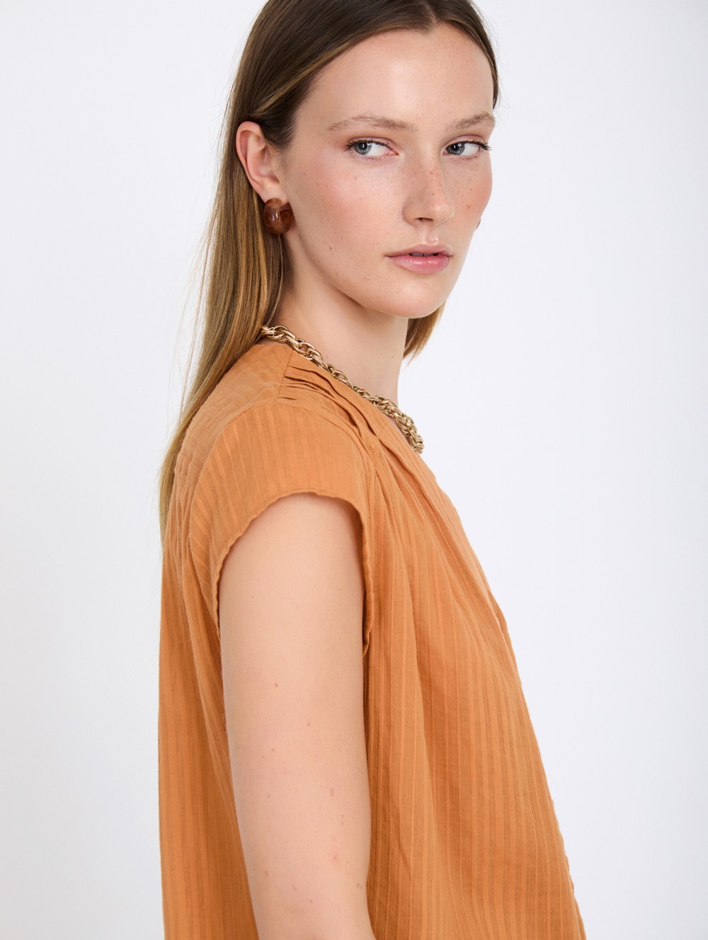 Pin-tucked striped blouse