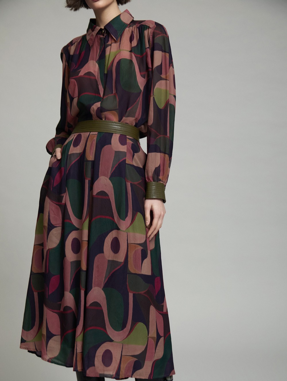 Printed skirt faux-leather waistband