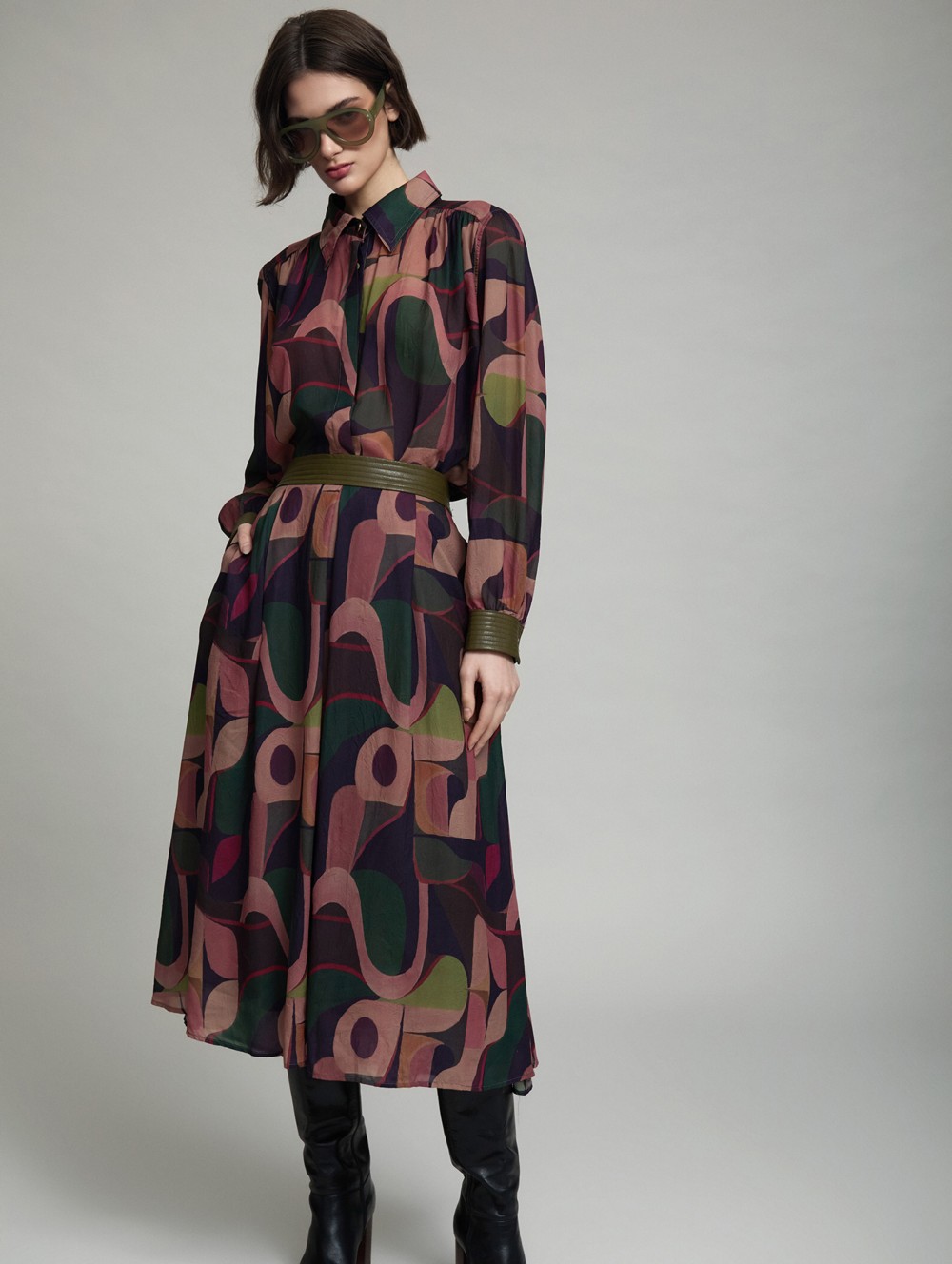 Printed skirt faux-leather waistband