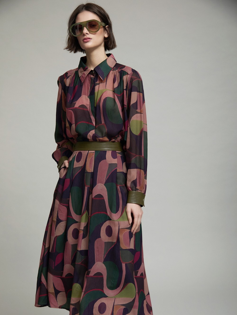 Printed skirt faux-leather waistband