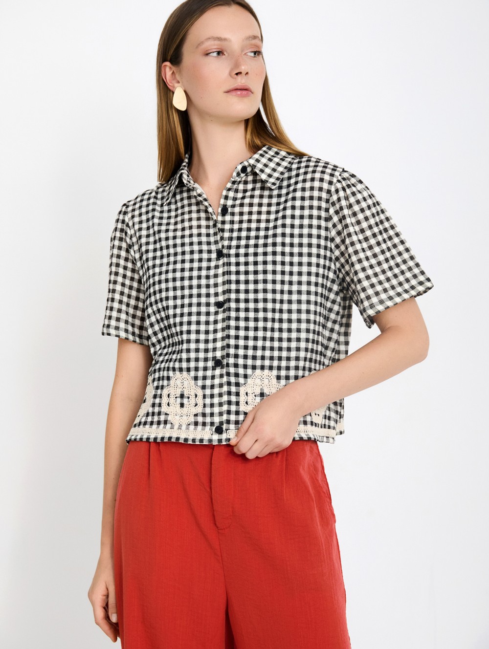 Gingham Shirt with Embroidery